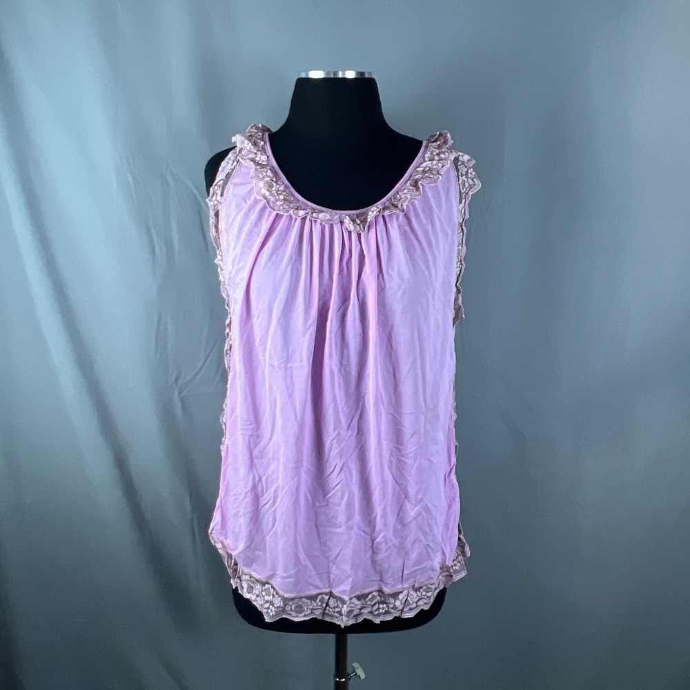 Vintage Womens Nightgown Large Lavender Nylon Pleated Floral Lace Trim Sleepwear